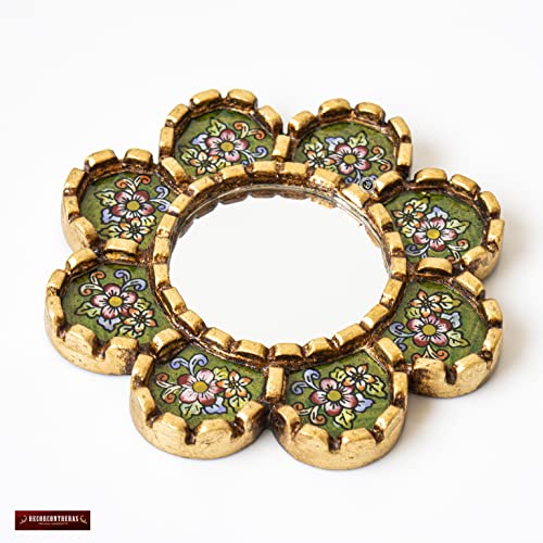 Small Green Mirror 6in for Wall Decor | Peruvian Hand Painted Glass Mirror with Gold Leaf Finish | Handmade Round Mirror for houswarming