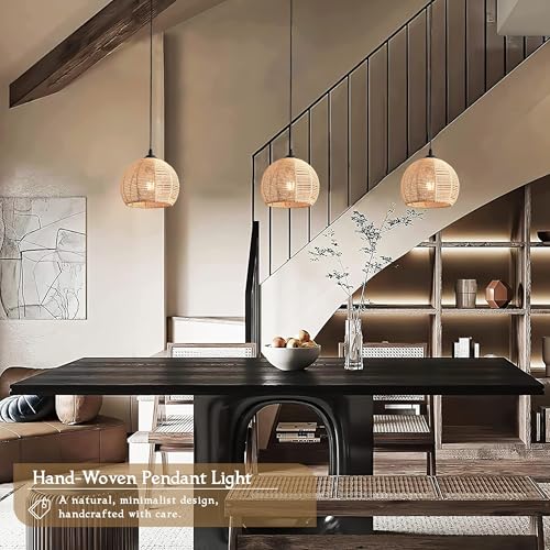 AyshwillDec 8.7" Natural Wicker Pendant Light 2-Pack Boho Rattan Chandelier for Kitchen & Dining