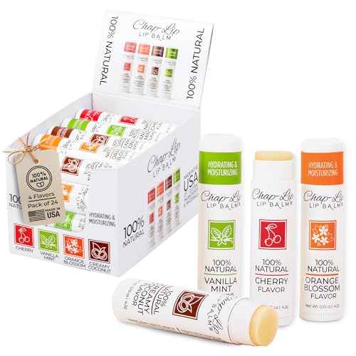 100% Natural Lip Balm Set - Hydrating and Moisturizing Beeswax Natural 4 Flavor Assortment - Lip Moisturizer for Dry Lips - Cocoa Butter - Petroleum Free Pack of 24