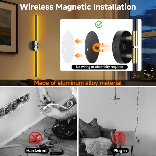 RGB Wall Sconce Set 28.5 Inch Black Wireless Dimmable 360° Rotatable LED Lights with Remote & Timer - Bedroom Living Room Decor