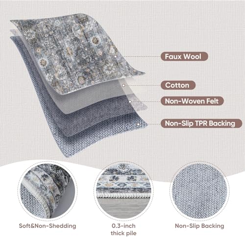 Large Washable Non-Slip Vintage Area Rug 8x10 - Grey, Boho Style