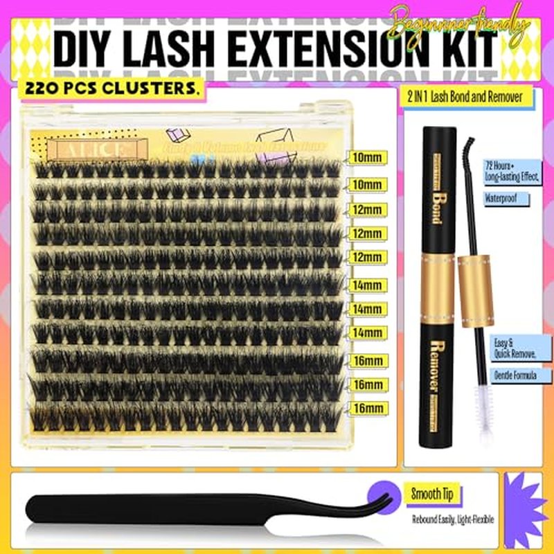 ALICE Lash Clusters Kit Lash Extension Kit Thick Volume 3D Wispy DIY Eyelash Extension Kit with 220Pcs Mink Look Individual Lashes, Lash Bond and Remover,Tweezers(10-16mm,0.05D)