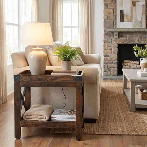 Narrow End Table with Outlets - Rustic Brown, Industrial Style - Variation of THIS listing
