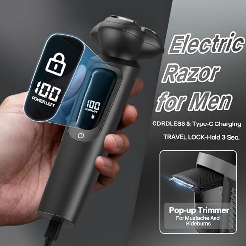 Electric Razor for Men, IPX8 Waterproof with Type-C Quick Charge, 3D Flex Blades & Pop-Up Trimmer, 60min Runtime, Travel Lock, Wet & Dry Shave,Slate Gray