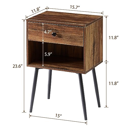 Set of 2 Rustic Brown Mid Century Nightstands with Storage Drawers & Open Shelves