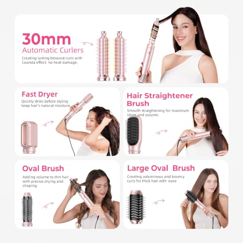 Pink 6-in-1 Blow Dryer Brush Hot Air Styler with Auto-Wrap Curlers