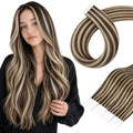 Tape in Hair Extensions 14 Inch Brown Highlighted P4/27 - Natural Human Hair, Seamless & Easy to Install