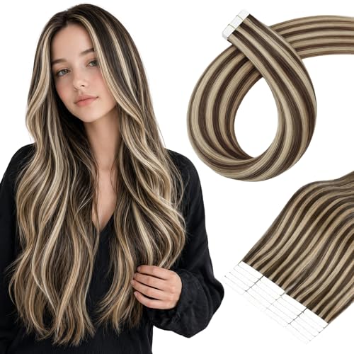 Tape in Hair Extensions 14 Inch Brown Highlighted P4/27 - Natural Human Hair, Seamless & Easy to Install