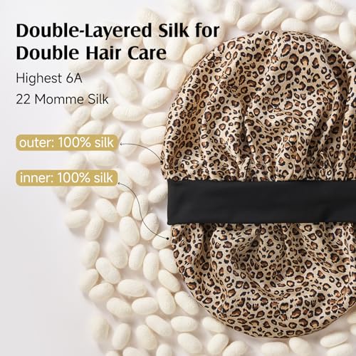 Leopard Mulberry Silk Sleep Bonnet for Women & Men - Large Double Layer