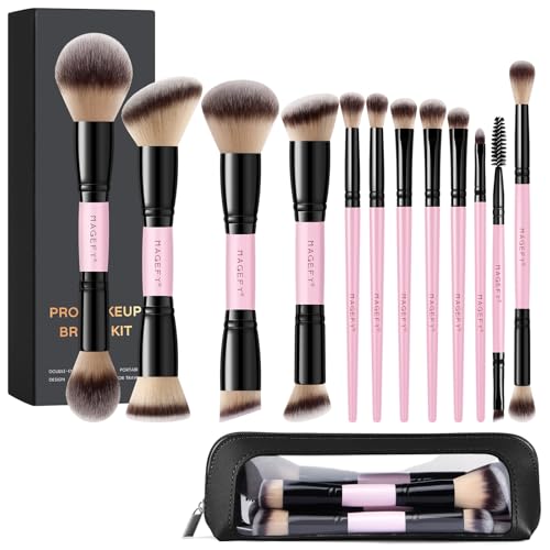 MAGEFY Pink 12-Piece Makeup Brush Set with Bag - Double-Ended Face & Eye Brushes