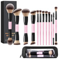 MAGEFY Pink 12-Piece Makeup Brush Set with Bag - Double-Ended Face & Eye Brushes