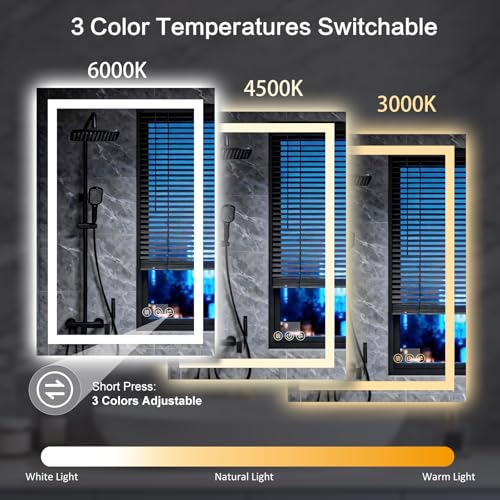 24x32 Inch LED Bathroom Mirror with Lights, Anti-Fog Wall Vanity Mirror - White, 3 Light Modes
