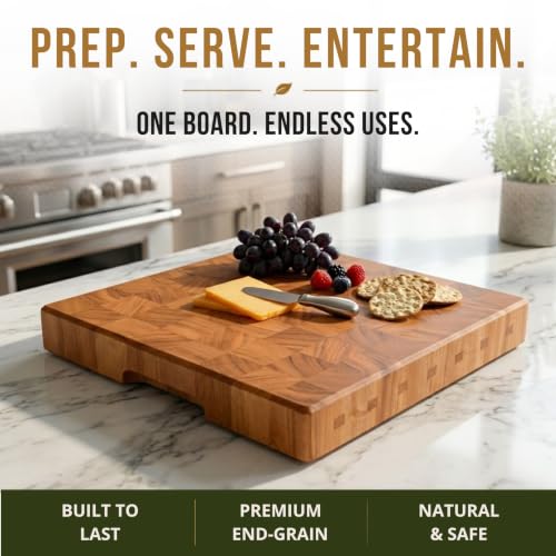 Mahogany End Grain Cutting Board 12.6x12.6in with Holder – Knife-Friendly, Heavy Duty