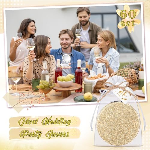 60 Champagne Compact Magnifying Mirrors Gift Set with Thank You Cards & Rope - Bridal & Wedding Party Favors