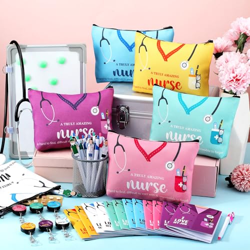 Yeaqee 48 Pcs Nurse Christmas Appreciation Gifts Set Bulk Include Makeup Cosmetic Bag Pocket Journal Notebooks Ballpoint Pen Badge Reel for Christmas Women Rn Assistant Student(Multicolor,Stethoscope)