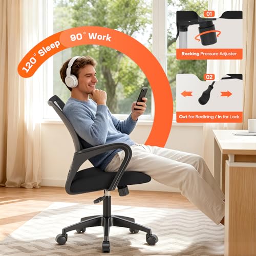 Ergonomic Office Chair Pack of 2 - Mid-Back Swivel Desk Chairs with Breathable Mesh & Lumbar Support - Dark Black