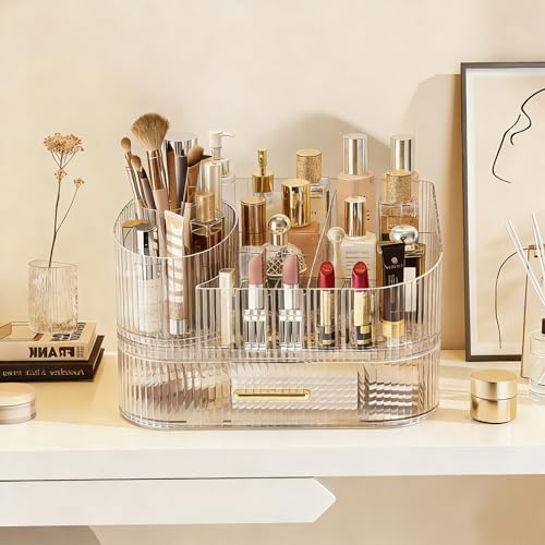 Glowspire Clear 2-Layer 360° Rotating Makeup Organizer with Stackable Drawers