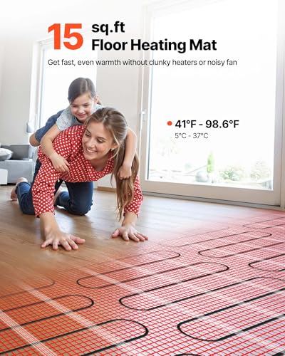 Self-Adhesive Mesh Floor Heating Mat 15 sqft 120V with Thermostat for Tile & Vinyl Flooring - Easy DIY Install