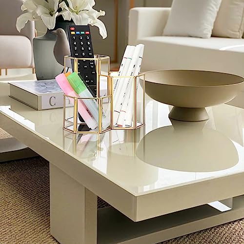 Hipiwe Glass Makeup Brush Holder 3 Slot Hexagon Large Gold Desktop Organizer