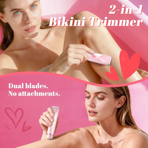 Bikini Trimmer Electric Razors for Women, Personal Shaver for Pubic Hair, Bikini Line, Legs, Underarms & Face, USB-C Rechargeable, Gentle on Sensitive Skin, Rinsable, Gift, Petal Pink