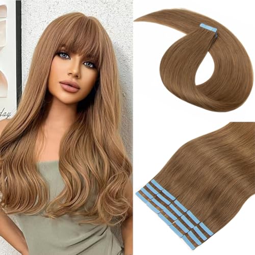 Tape-In Hair Extensions Human Hair 18 Inch Light Medium Brown (#6) 50g Set