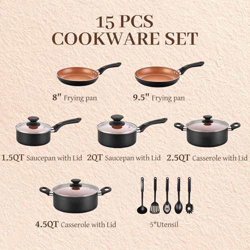 15-Piece Ceramic Cookware Set Nonstick Pots and Pans with Induction Compatibility