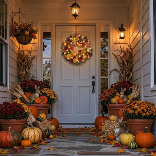 24-Inch Collapsible Pre-Lit Fall Wreath with Apples Berries & Lights