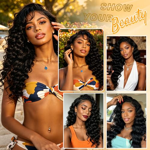 Human Crochet Hair 20 Inch Deep Ocean Wave Feather Bundles - Natural Black #1B
