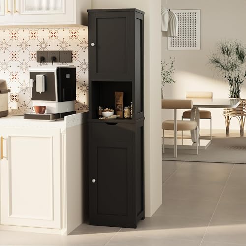 Tall Bathroom Storage Cabinet - Narrow Slim Black Cabinet with Drawers & Shelves - Corner Unit