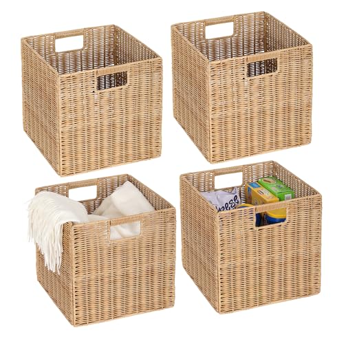 12x12 Inch Plastic Wicker Cube Baskets - Foldable Storage Bins, Khaki, 4 Pack