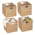 12x12 Inch Plastic Wicker Cube Baskets - Foldable Storage Bins, Khaki, 4 Pack