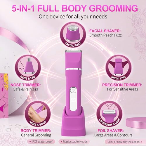 KINGTEE Rose Pink Bikini Trimmer for Women, Waterproof Electric Razor with 5 Blades & Charging Dock