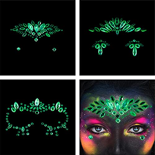 Face Gems 6 Sheets Face Jewels Stick On Rhinestones Stickers 30g Chunky Glitter, Gemstones Temporary Tattoo For Women, Festival Rave Outfit Euphoria Accessories (3Luminous)