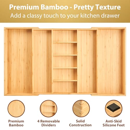 Adjustable Bamboo Kitchen Drawer Organizer for Utensils - For Utensil 19-33 Inches, Extra Large Expandable Cutlery Tray