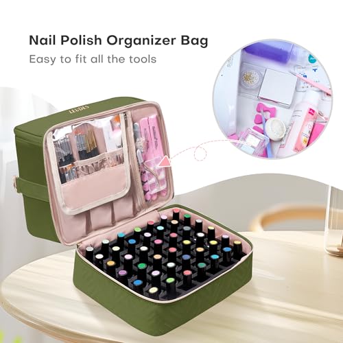 Leudes Army Green Nail Polish & Tool Organizer Bag Holds 42 Bottles