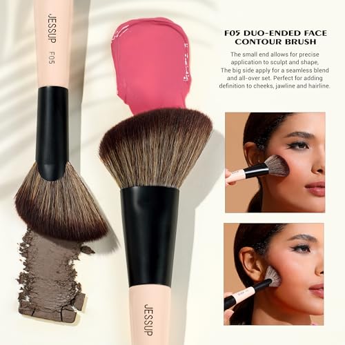 Jessup C-Peach Dust 3pcs Face Makeup Brush Set Double Ended for Foundation Contour Blush