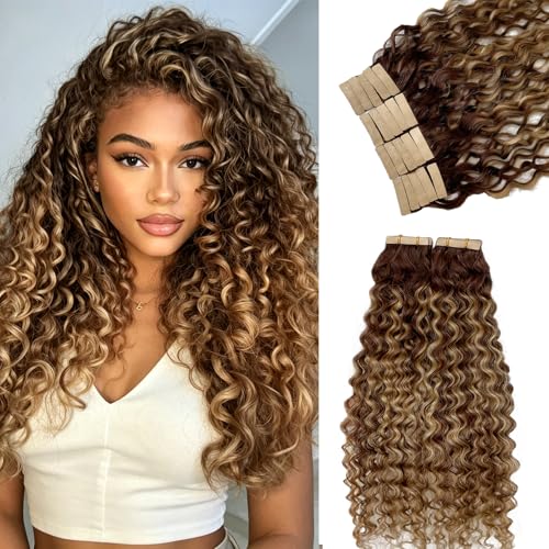Munx 18 Inch Medium Brown Highlight Water Wave Tape-In Hair Extensions 50G #4/27