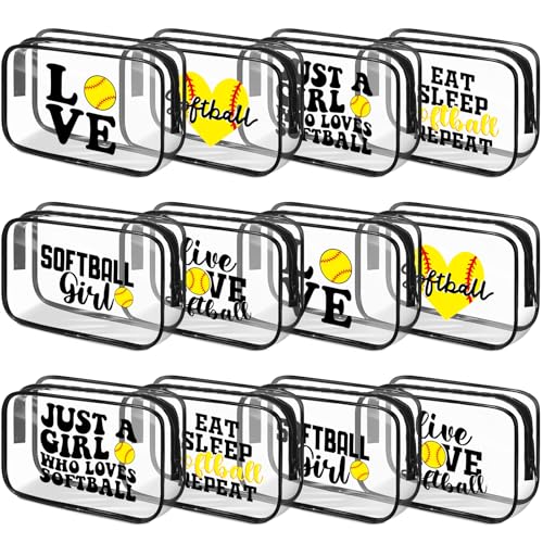 Reginary 12 Pcs 7 x 4.7 x 2.4'' Softball Makeup Bag Softball Gifts for Team Clear PVC Softball Cosmetic Case Softball Goodie Bag Stuffers Accessories for Woman Toiletry Zipper Pouch Team Party Favors
