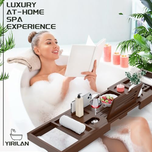 Foldable Bamboo Bathtub Caddy Tray - Adjustable Bath Tray for Tub - Brown - Yirilan