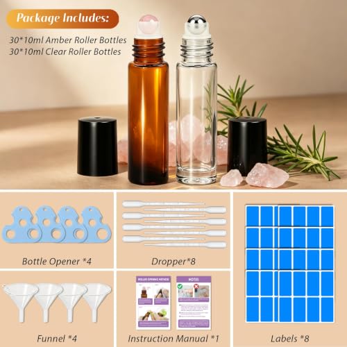 60 Pack Reusable Essential Oil Roller Bottles 10ml - Amber & Clear Variation