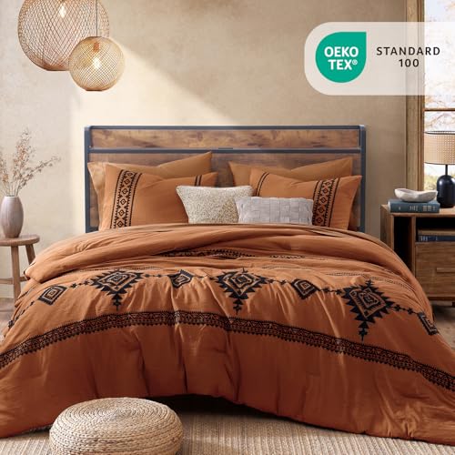 MaiRêve Burnt Orange Full Embroidery Comforter Set 7 Pieces Bed in a Bag