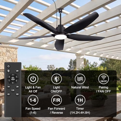 ZYD 52-Inch Black Outdoor Ceiling Fan with Light, Remote, 6-Speed Reversible DC Motor