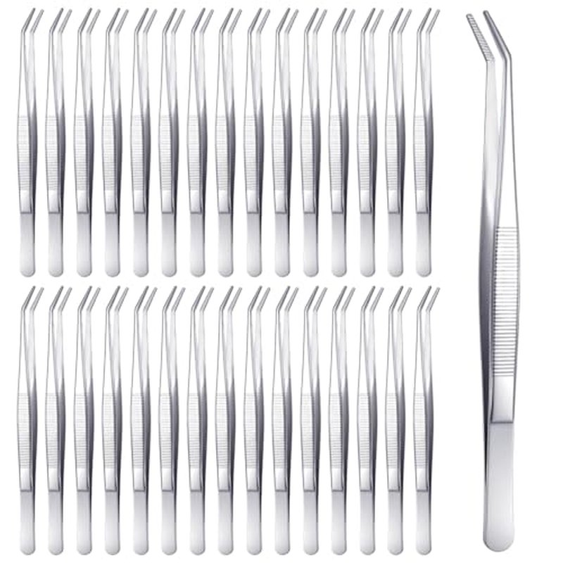 30 Pcs Stainless Steel Tweezers, Curved Serrated Tip Multipurpose Forceps, Crafting Sewing Machine Tweezers Bulk, Silver