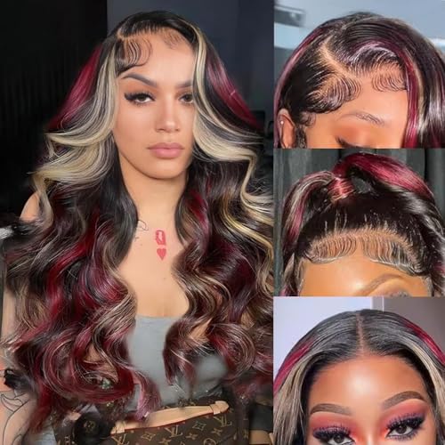 EVLYNN 26in 13x4 HD Lace Front Wig - Black Red with Blonde Highlight, Pre-Plucked, Baby Hair, Wavy Skunk Stripe