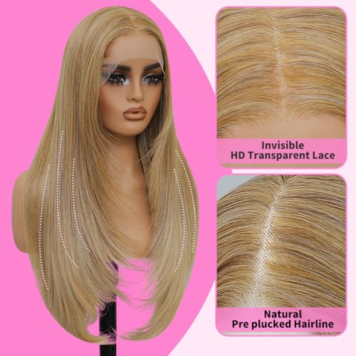 Ombre Blonde Synthetic Lace Front Wig 26in Pre Plucked Layered Straight for Women