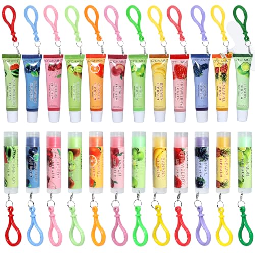 24 Pack Lip Balm Set with Portable Keychain - Natural Fruit Flavors