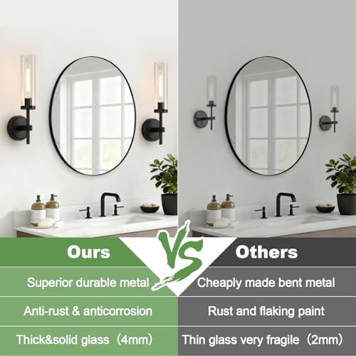 Matte Black & Clear Glass Wall Sconces Set of Two 15.5in Hardwired Bathroom & Living Room Lighting