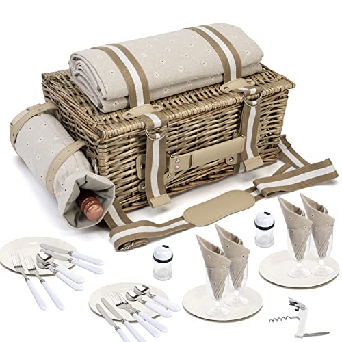 Grey 31-Piece Picnic Basket Set for 4 with Insulated Cooler & Waterproof Blanket