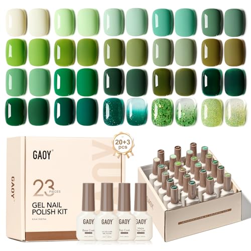 GAOY 23 Pcs Gel Polish Kit, Green Glitter Colors All Seasons Gel Nail Polish Set with Glossy & Matte Top Coat and Base Coat for Nail Art Home DIY