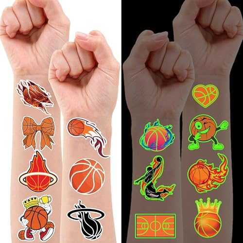 Basketball Temporary Pre - cut Tattoos - Olympic MVP Sports Game -Themed Stickers for Kids' Birthday Party Supplies, Decorations, Favors, and Prizes - Cute Gifts for Boys and Girls (Glow in the dark)